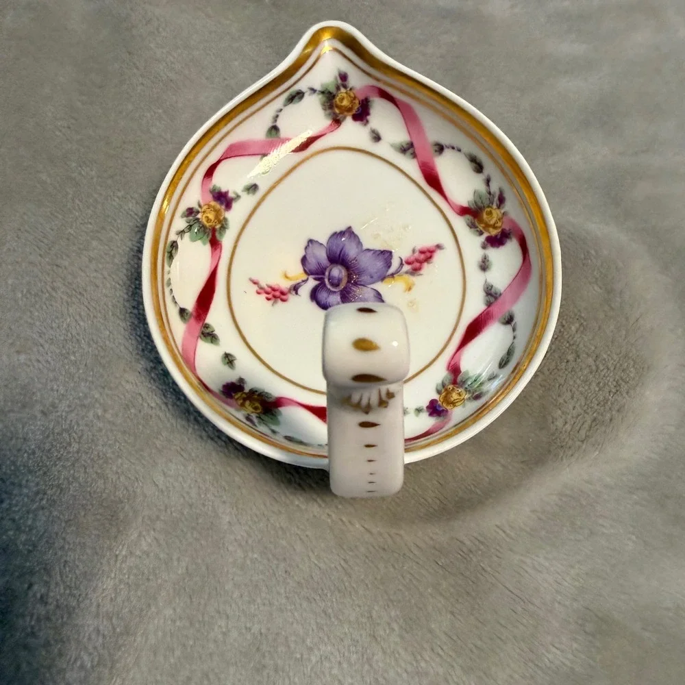 Richard Ginori Hand Painted Pink Ribbon Floral‎ Bonbon Dish Italy w/ Handle